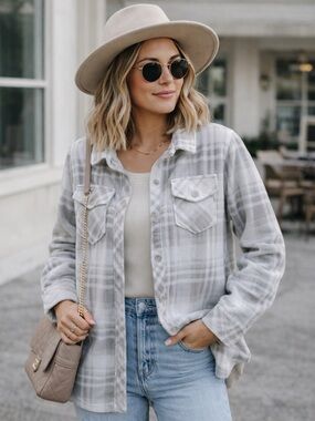 Tattoo Gray Plaid Button-Up Shacket - Casual Layering Jacket